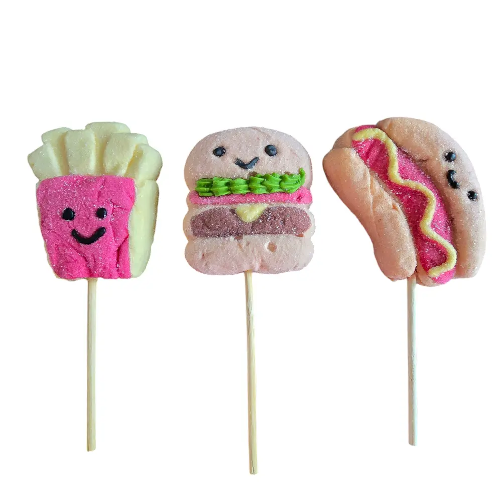 Marshmallow Snacks – Zoete snoepvariant op fastfood  8x7 cm op een Houten Stokje prijs is per stuk