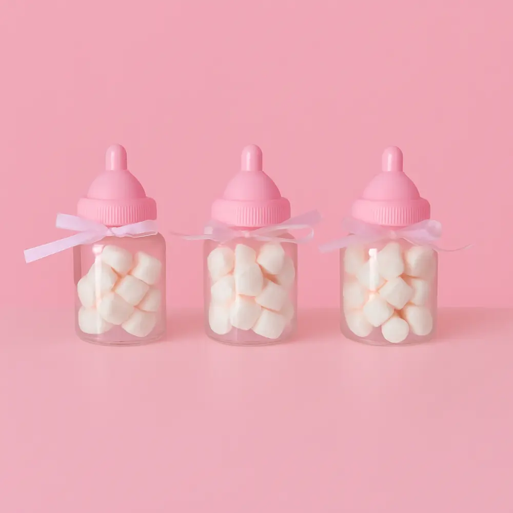 Geboorte traktatie flesje met mini marshmallows kleur ROZE