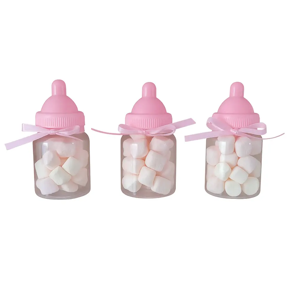 Geboorte traktatie flesje met mini marshmallows kleur ROZE