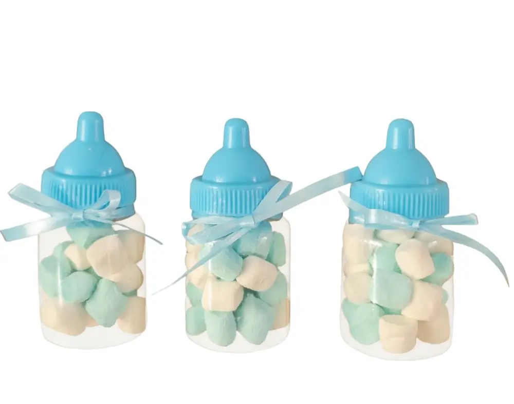 Geboorte traktatie flesje met mini marshmallows kleur BLAUW