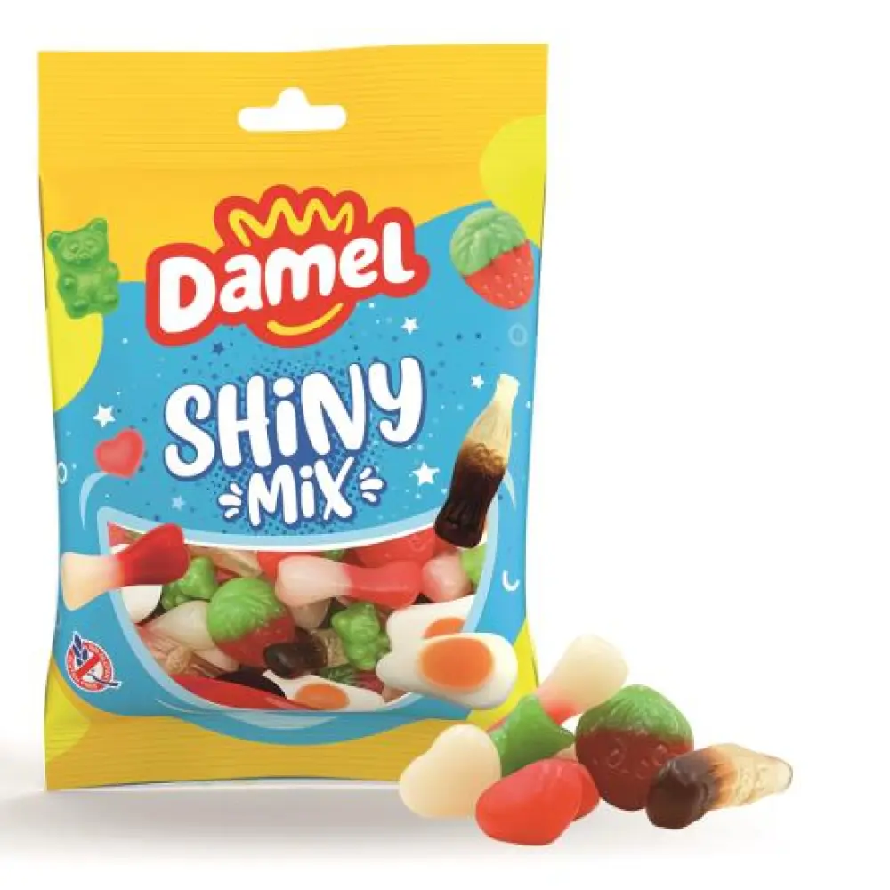Damel Shiny Mix – Kleurrijke snoepmix met colaflesjes, aardbeitjes en spiegeleitjes (135 gram)