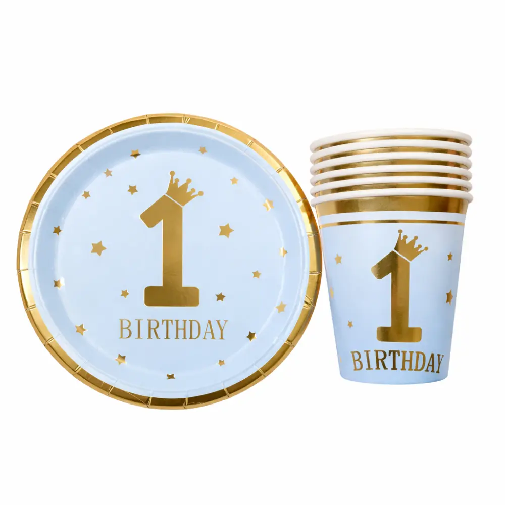 Blauwe 1e verjaardag set – 6 bordjes & 6 bekers (karton)