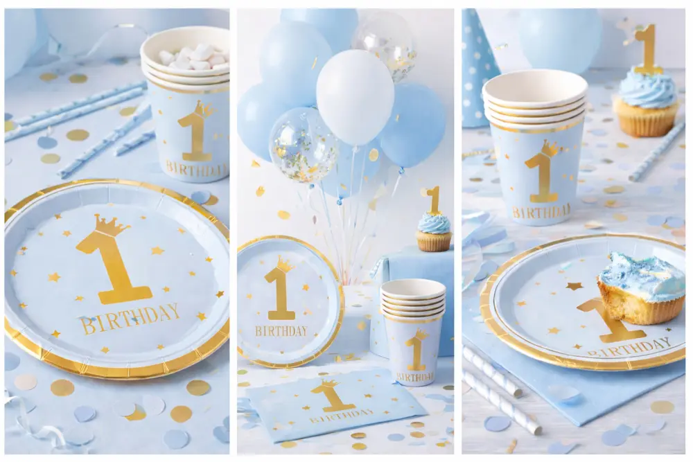 Blauwe 1e verjaardag set – 6 bordjes & 6 bekers (karton)