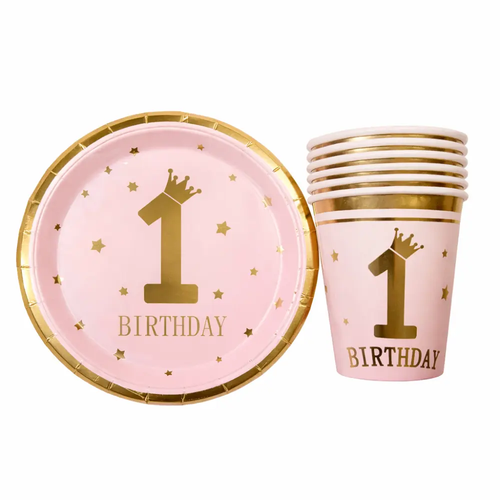 Roze 1e verjaardag set – 6 bordjes & 6 bekers (karton)