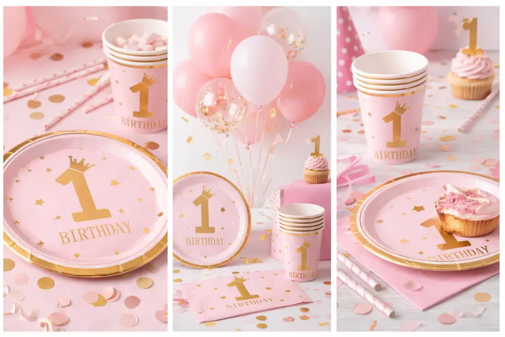 Roze 1e verjaardag set – 6 bordjes & 6 bekers (karton)