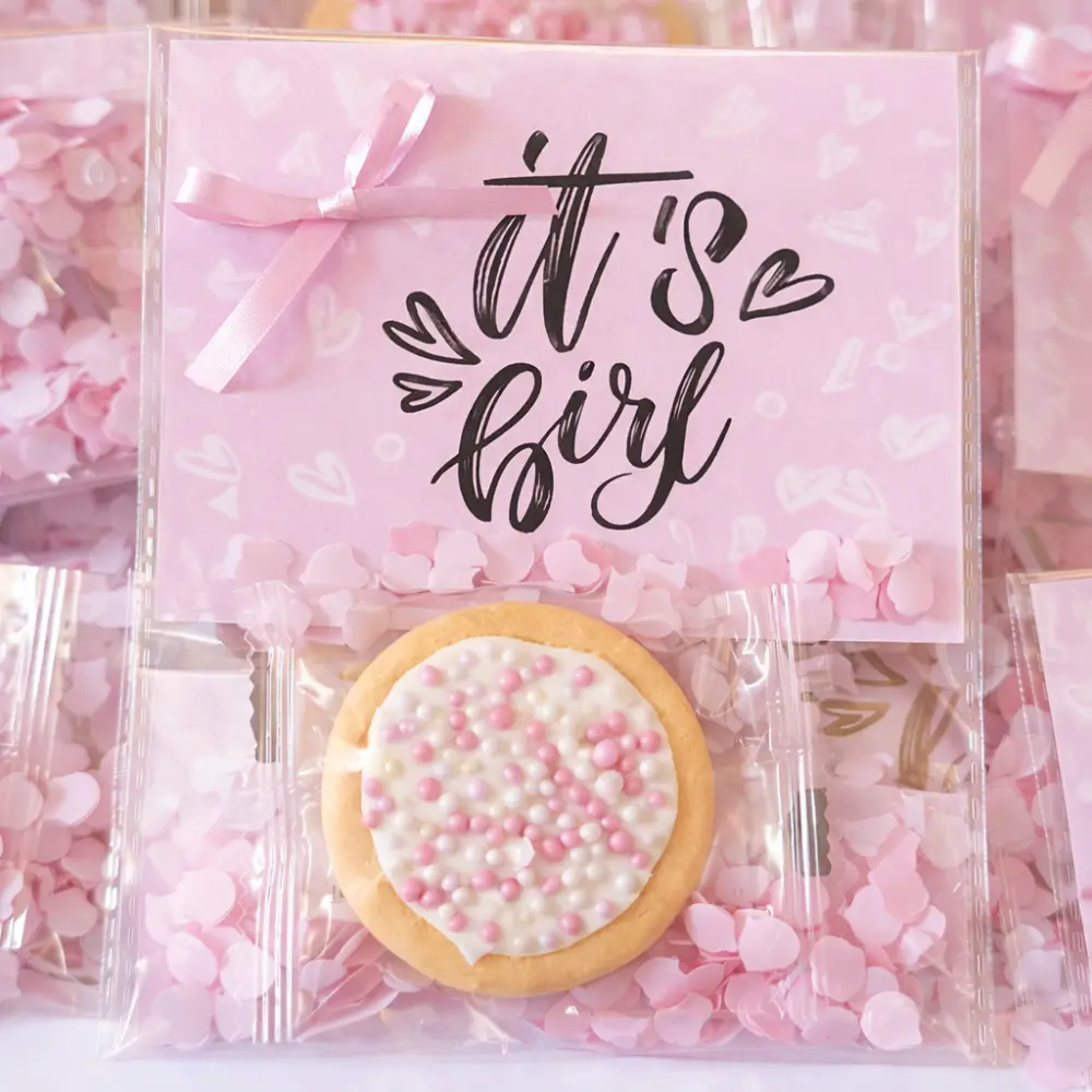 Geboortetraktatie: geboortekoekjes met roze muisjes – per stuk verpakt