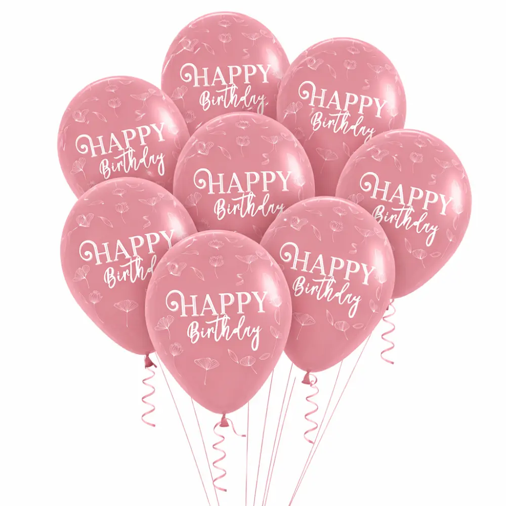 Happy Birthday Bloemen Ballonnen 12 inch (30 cm) – Oudroze – 10 stuks