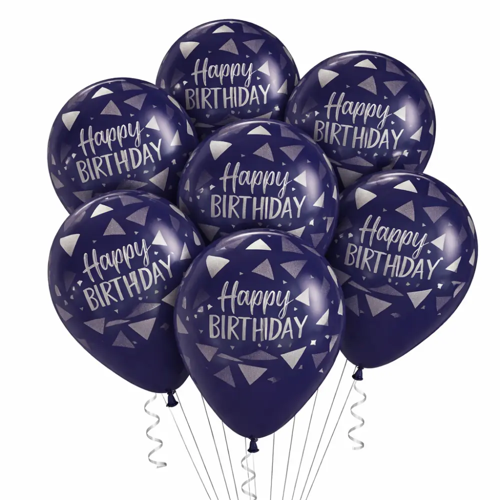 Donkerblauwe Happy Birthday Ballonnen met Zilver Driehoek Design – 12 inch (30cm) 10-stuks