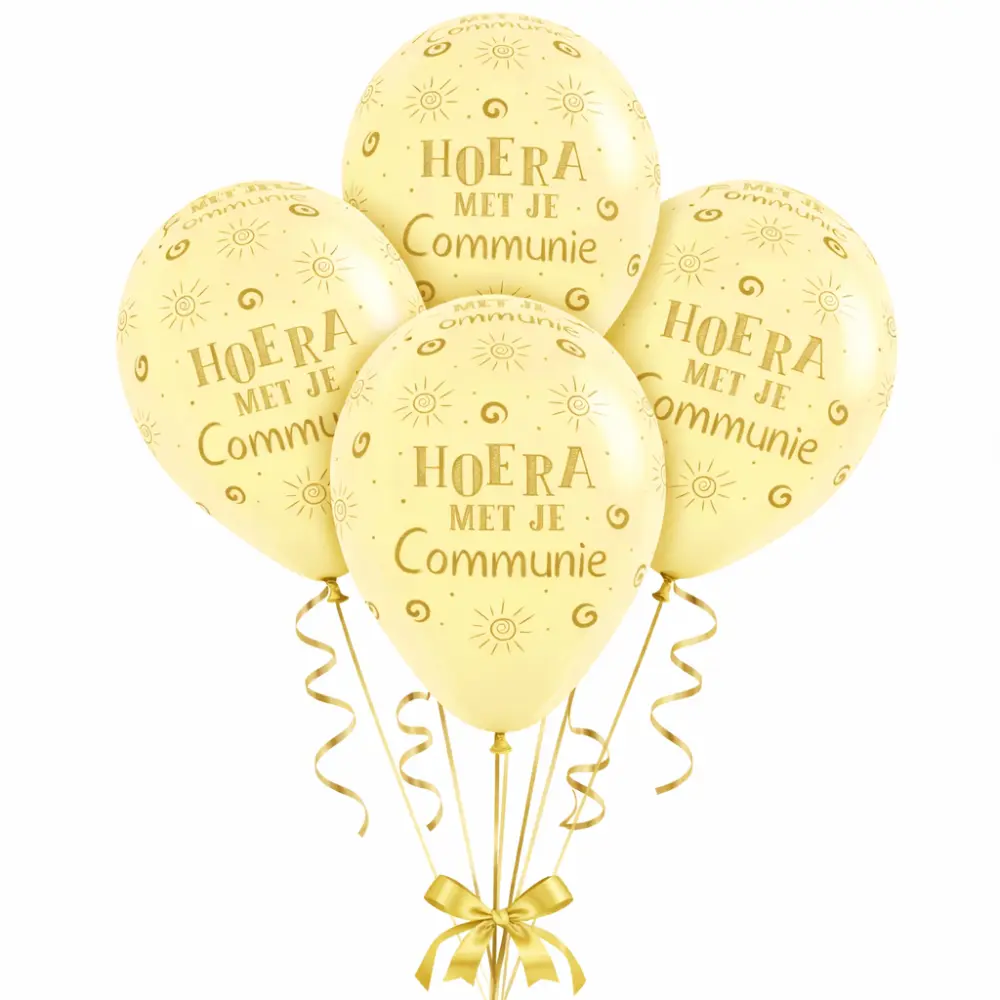 Communie Ballonnen Lichtgeel met Gouden Opdruk 12 inch (30 cm) – 5 stuks