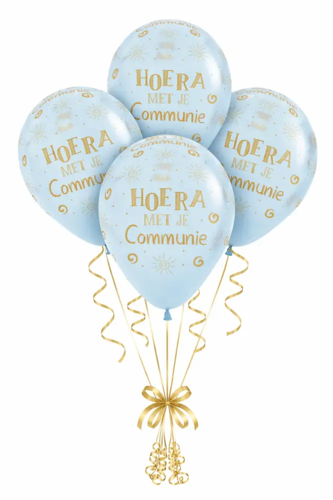 Hoera met je Communie Ballonnen Lichtblauw met Gouden Opdruk 12 inch (30 cm) – 5 stuks