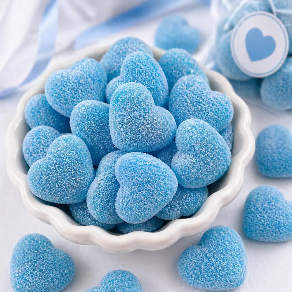 Zure jelly hartjes blauw – 100 gram (±10 stuks) 3,5 x 3,5 cm