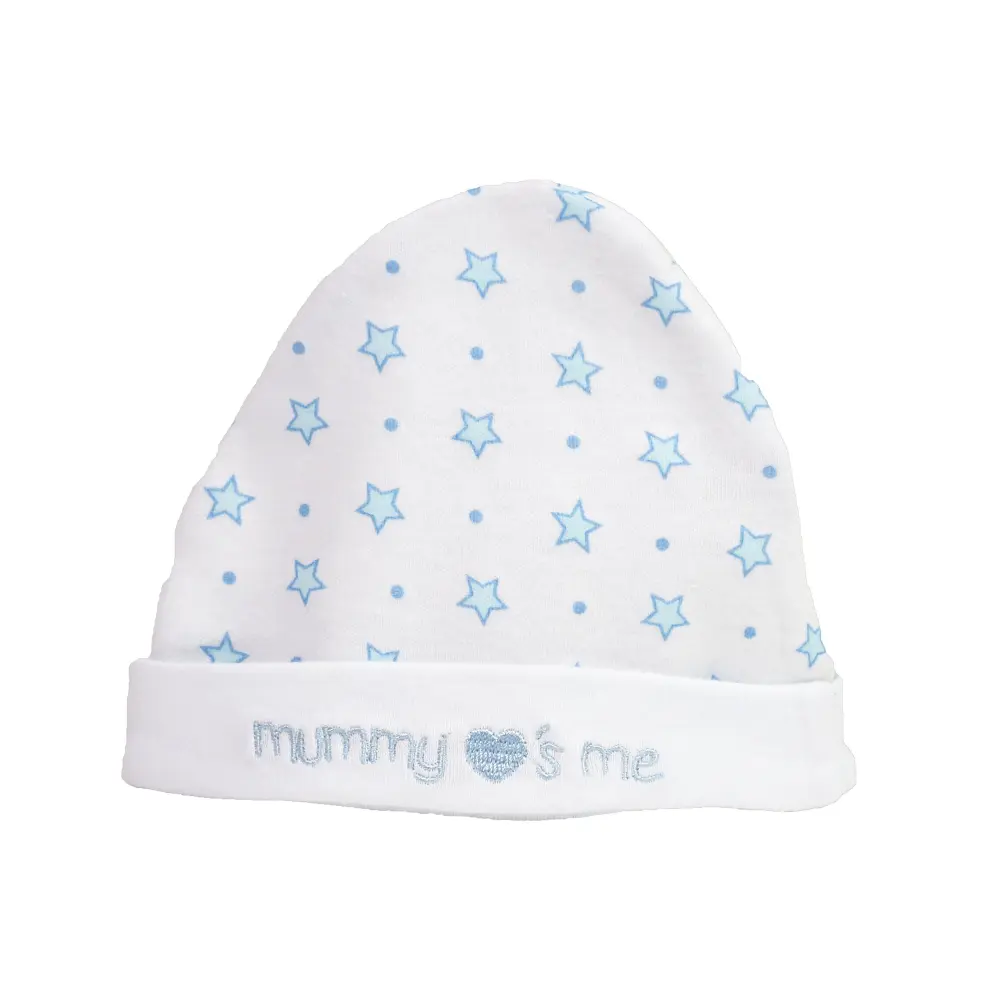 New born mutsje blauw/wit. Met de tekst Mummy's loves me