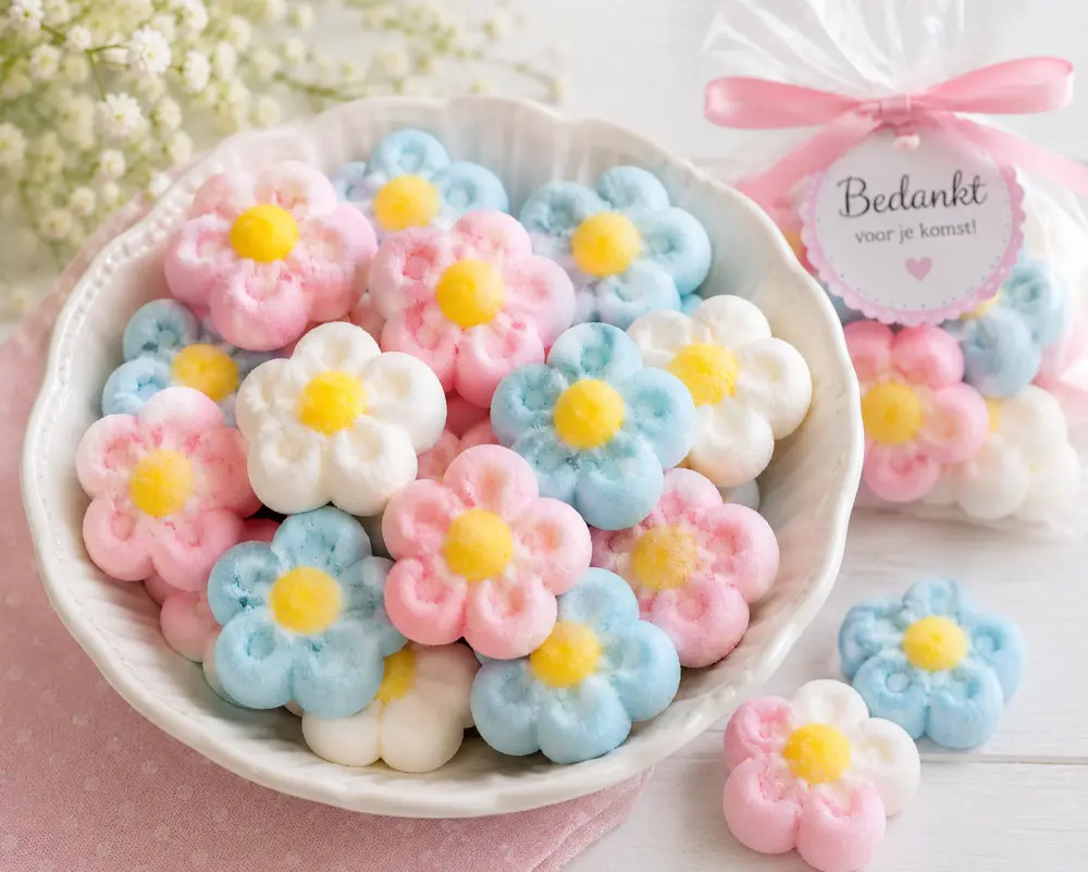 Marshmallow Bloemen Roze Blauw Wit – Spekken Bloemen 4,5 cm – 5 Stuks