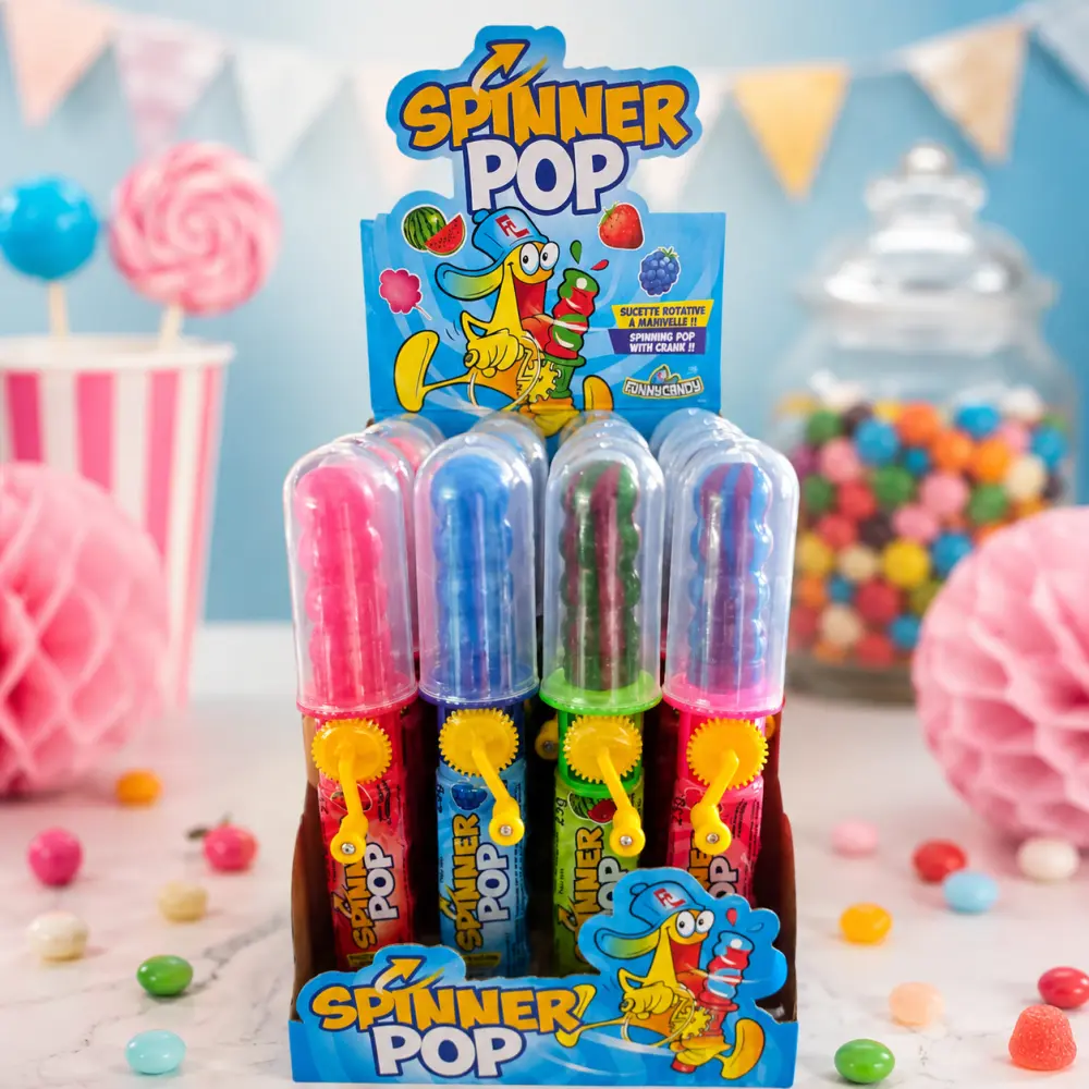 Draaiende Spinner Pops Lolly met Dop – Assorti Kleuren en Smaken