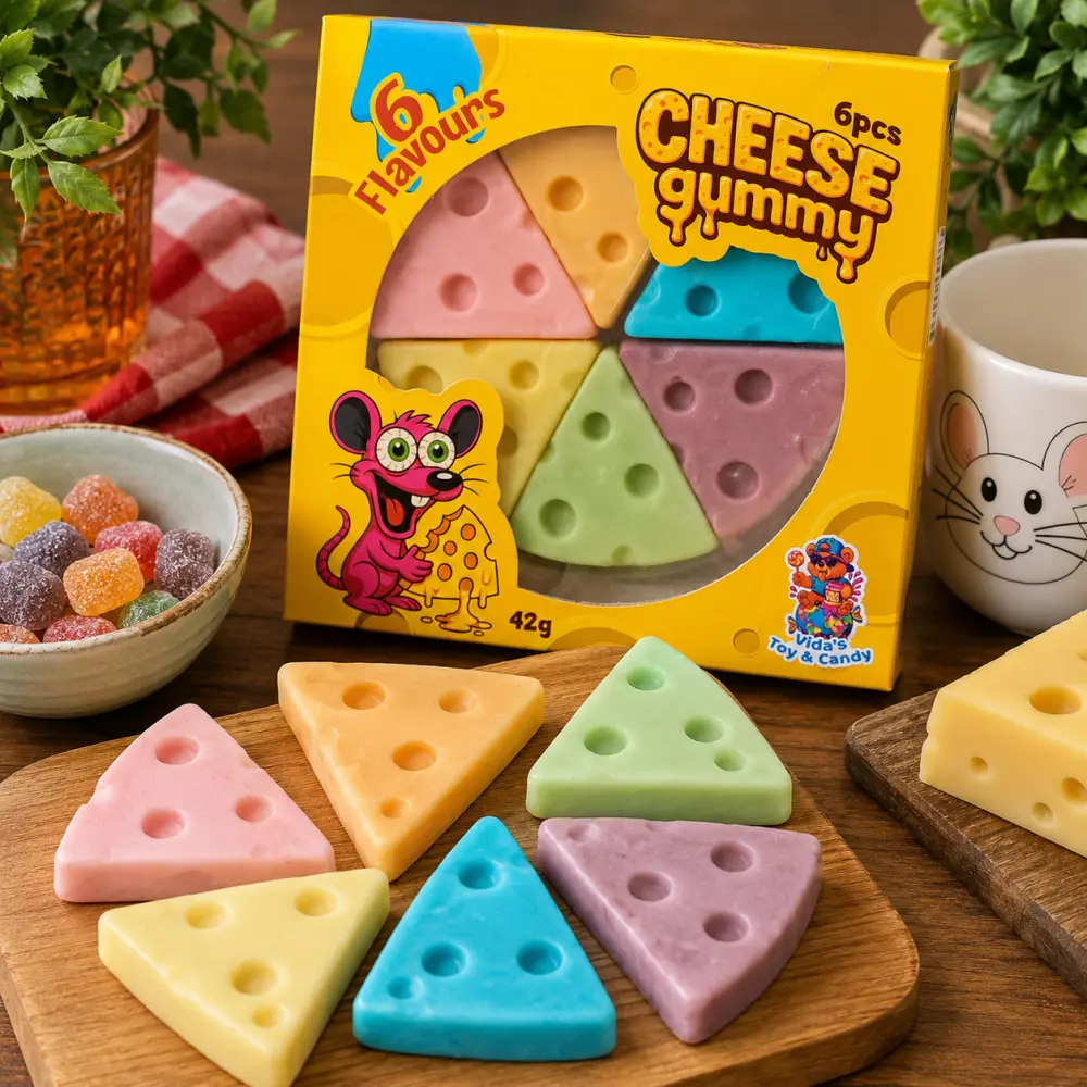 Kaas Gummies Assorti – 6 Kleurrijke Kaaspuntjes van Snoep 🧀