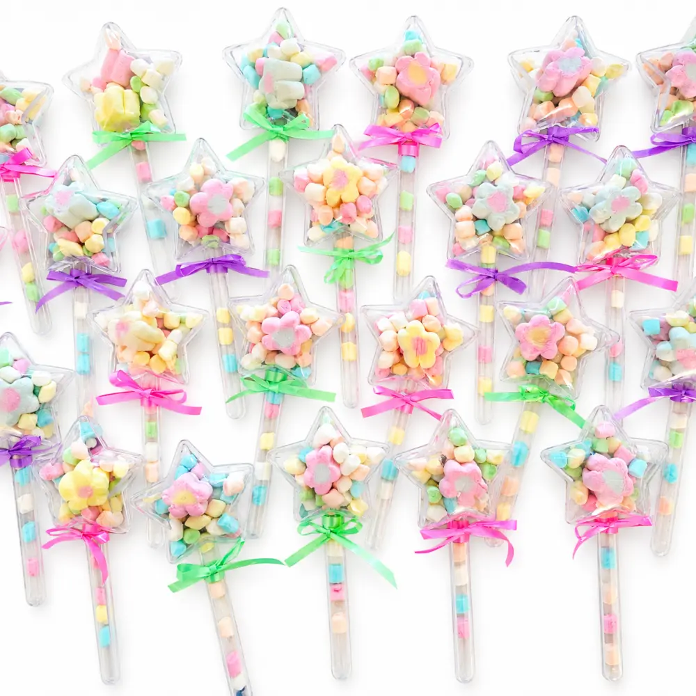 Plexi Toverstaf Ster met Marshmallows Pastel – 16 cm | Kant-en-klare Traktatie