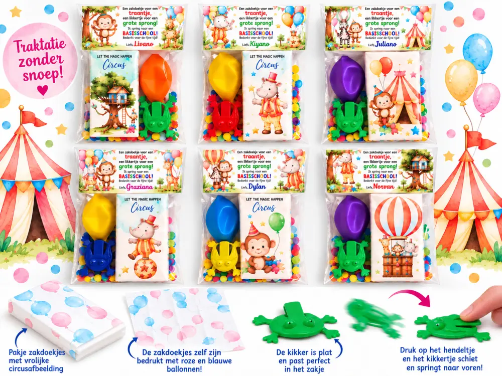 Afscheidstraktatie Peuterspeelzaal & Kinderopvang – Zakdoekjes met Springkikker