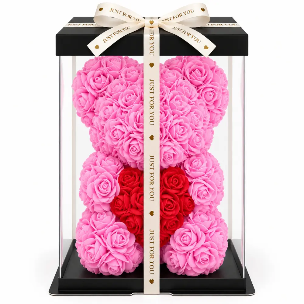 Rozenbeer Roze met Rood Hart – 22 cm | Inclusief Cadeaudoos