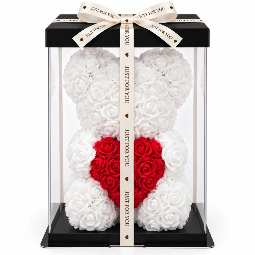 Rozenbeer Wit met Rood Hart – 22 cm | Inclusief Cadeaudoos