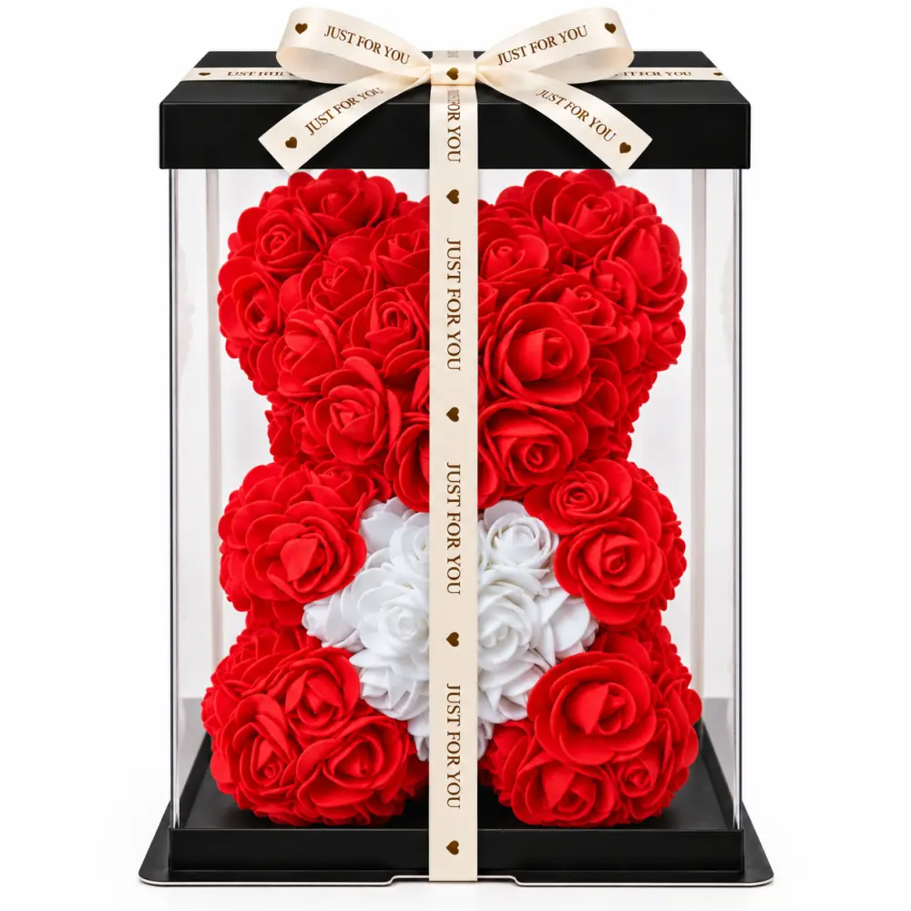 Rozenbeer Rood met Wit Hart – 22 cm | Inclusief Cadeaudoos