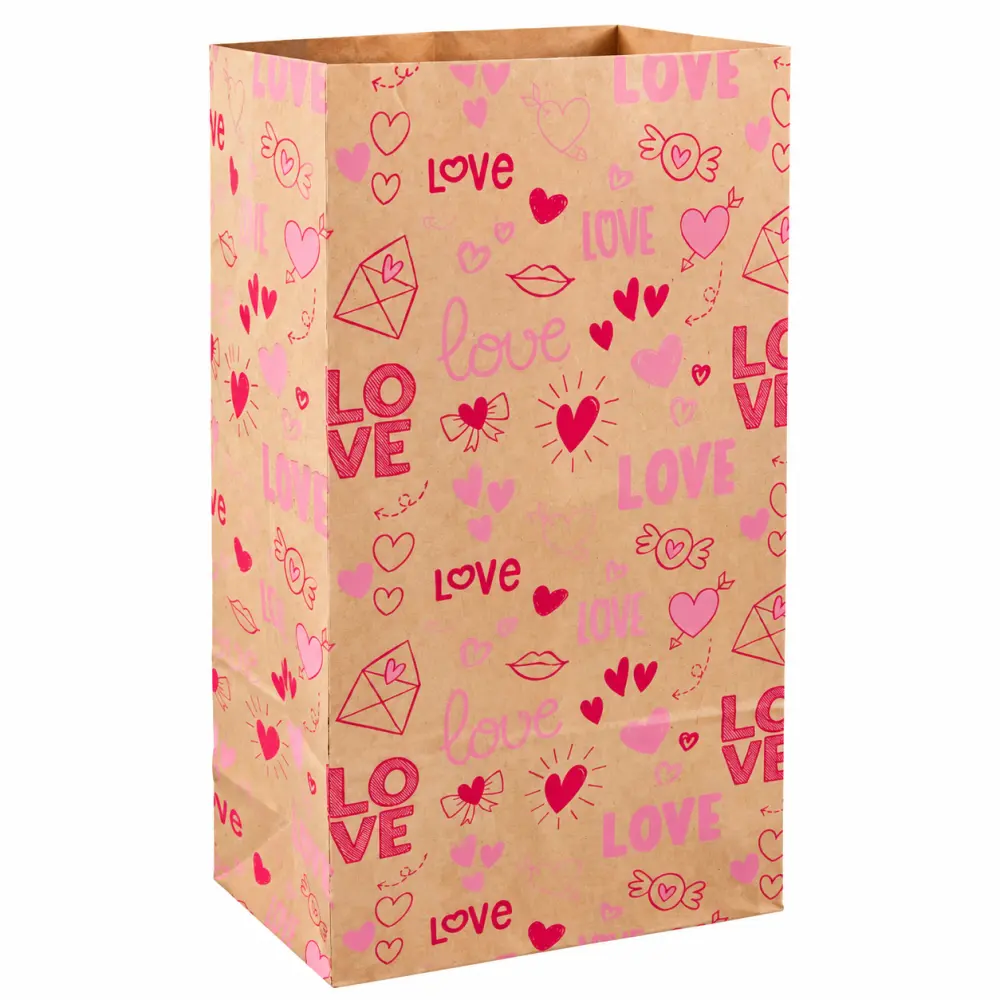 Kraft blokbodemzakjes Love – Bruine cadeauzakjes met roze hartjes 16 x 9 x 31 cm