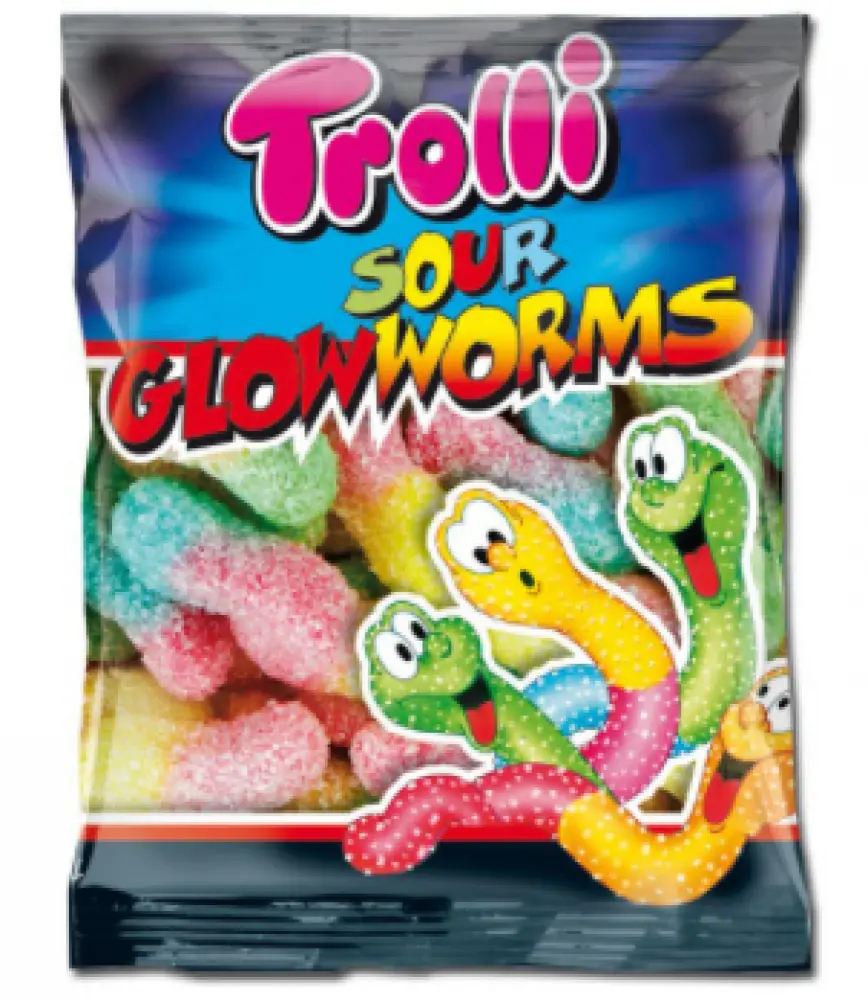 Glimworm snoepjes  met een zuur suikerlaagje in een zakje 10 gram per zakje