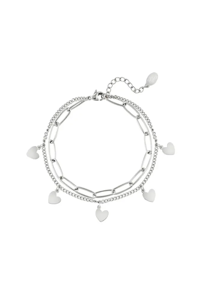 Dubbele Zilverkleurige stainless steel Armband met Schakel en Bedelhartjes - Een Veelzijdige Combinatie van Stijl en Charme