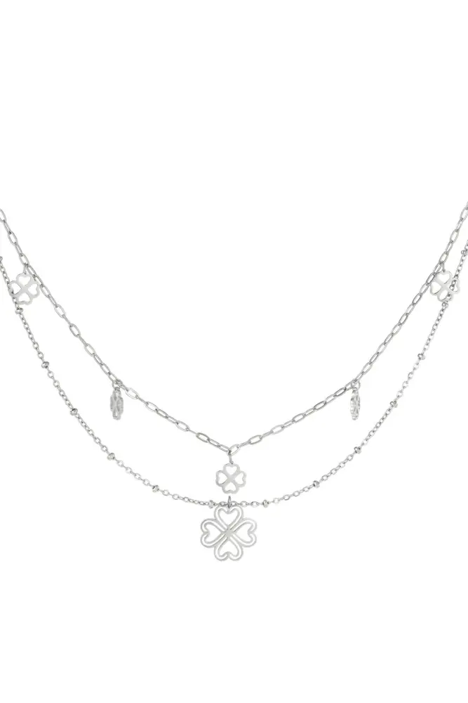 Zilverkleurige Dubbele Ketting met Klavertjes Bedels - Een Delicate Mix van Stijl en Geluk