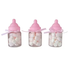 Geboorte traktatie flesje met mini marshmallows kleur ROZE