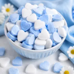 Mini vruchtenhartjes (dextrose) blauw/wit - 100 gram (HALAL en GLUTENVRIJ)