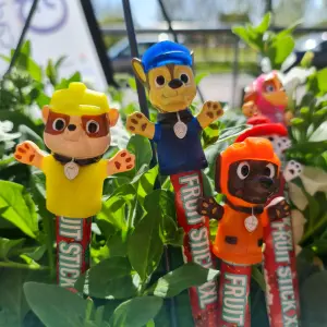 Paw Patrol traktatie.Gezonde traktatie van een fruitstick met een vingerpopje van Pawpatrol