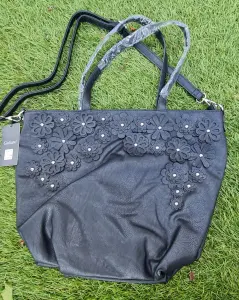 Kunstleren handtas/shopper met bloem zwart