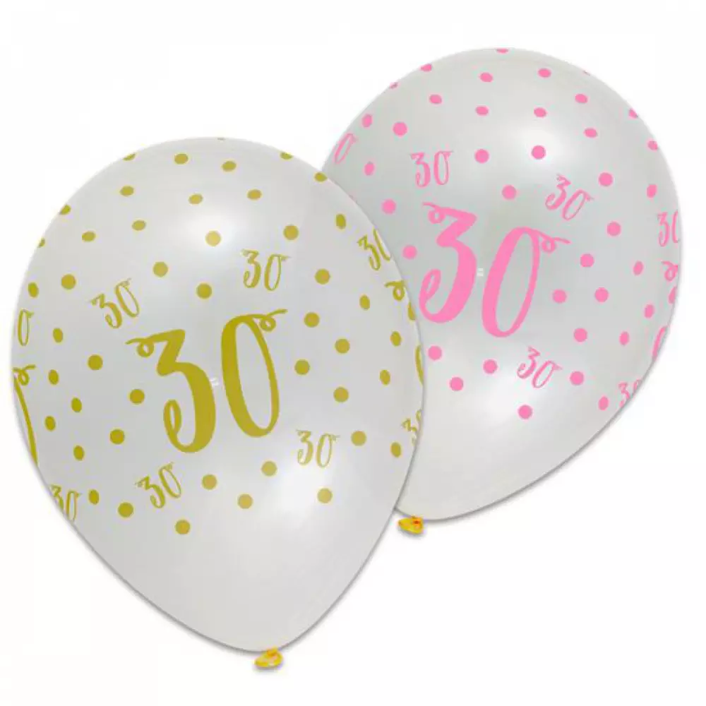 Ballonnen cijfer 30 met sterren goud/roze 6 stuks