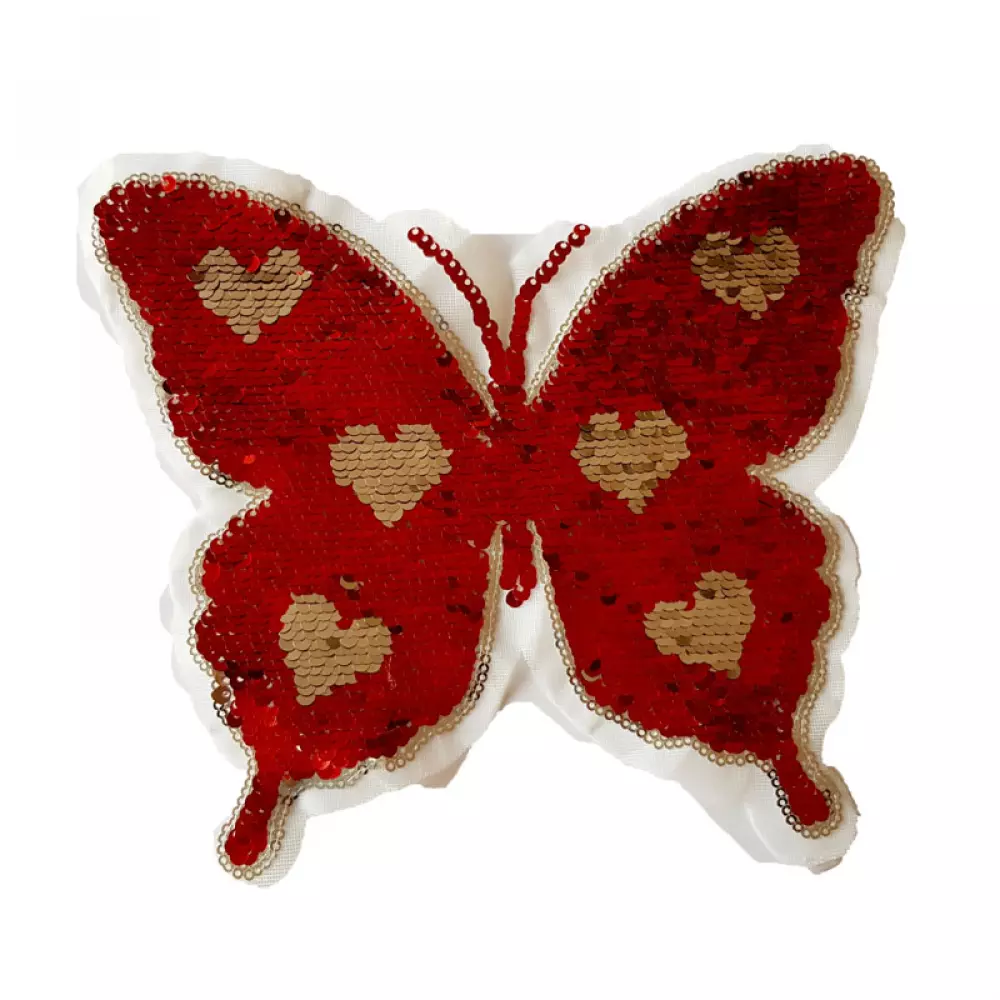 Omkeerbare Vlinder Applicatie in Rood en Zilver met Hartjes - Eenvoudig te Bevestigen, 22 x 19 cm