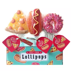 Snoep - Lolly verschillende vormen assorti geleverd (broodje worst, donut, pizzapunt)