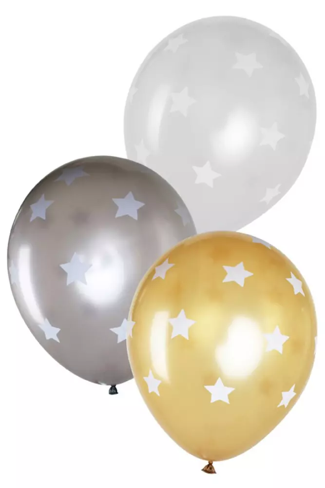 Ballon met ster goud, zilver en lichtgrijs 6-stuks