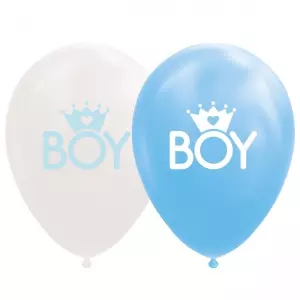 Ballonnen - Witte en blauwe ballonnen, tekst BOY met een kroontje - 8 stuks, 30cm