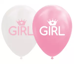 Ballonnen - Witte en roze ballonnen, tekst GIRL met een kroontje - 8 stuks, 30cm