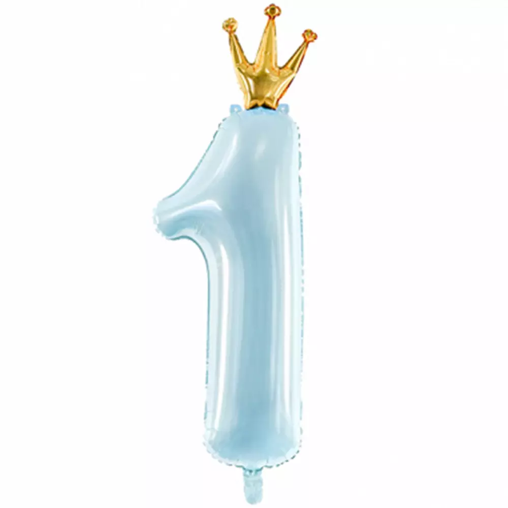 Folieballon - Jongen licht blauw 1 jaar met kroontje - 90x35.5 cm / 30x12 inch