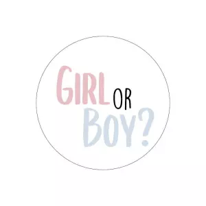 Sticker met tekst Boy or Girl wit-roze-blauw 5 stuks Ø 40mm