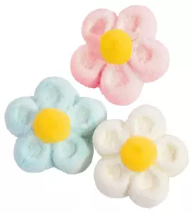 Marshmallow Bloemen in drie verschillende kleuren roze, blauw en wit. Prijs is per 5 stuks