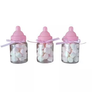 Geboorte traktatie flesje met mini marshmallows kleur ROZE