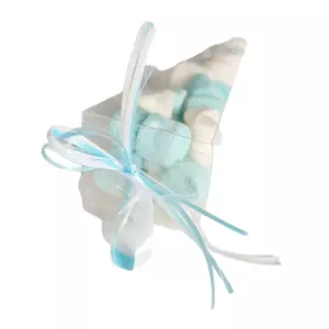 Kant en klare geboorte traktatie transparant puntdoosje gevuld met blauw-wit mini marshmallows