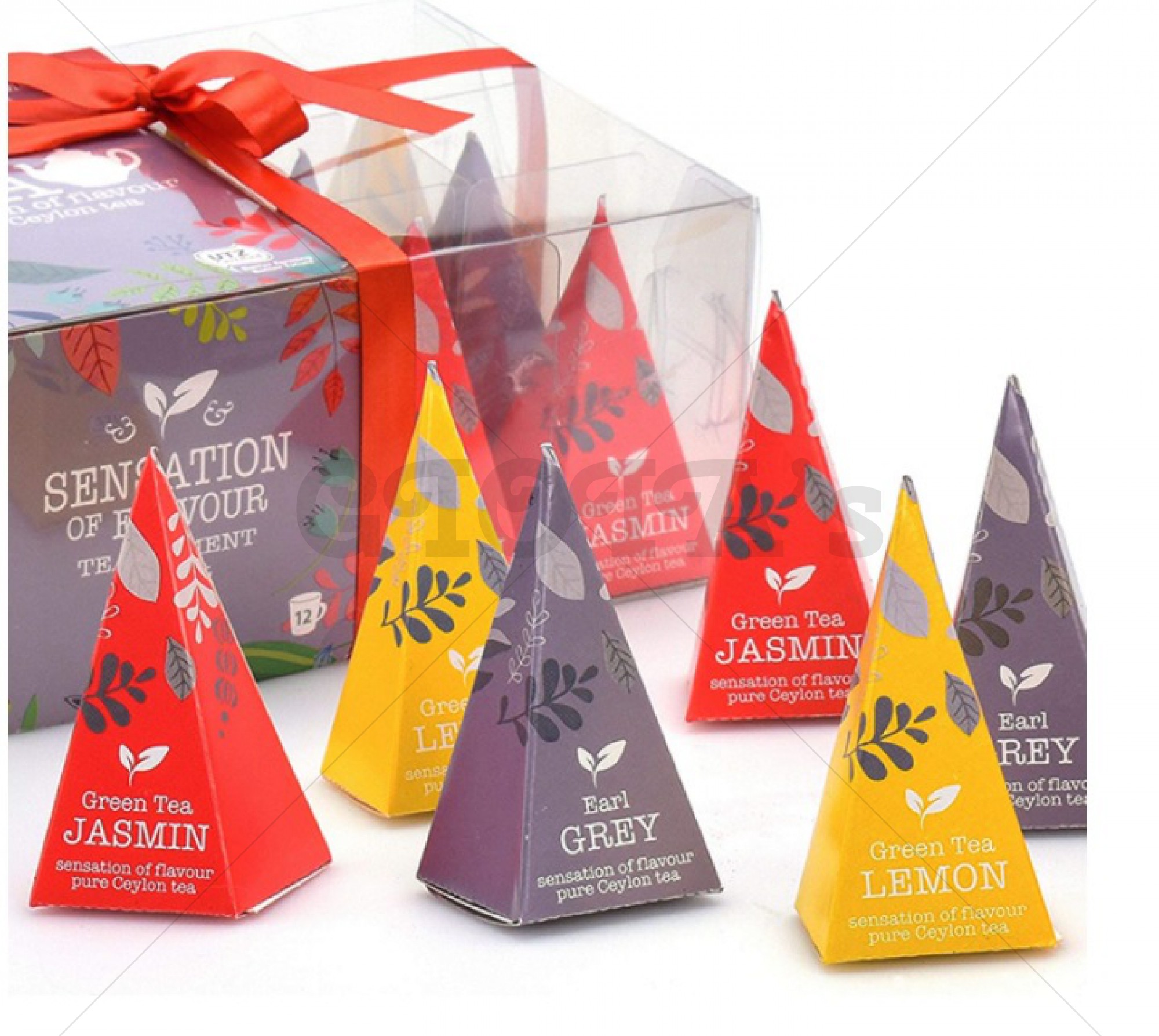 Thee - Doosje gevuld met 12 piramidevorm theezakjes (Earl gray, Jasmijn, Citroen)