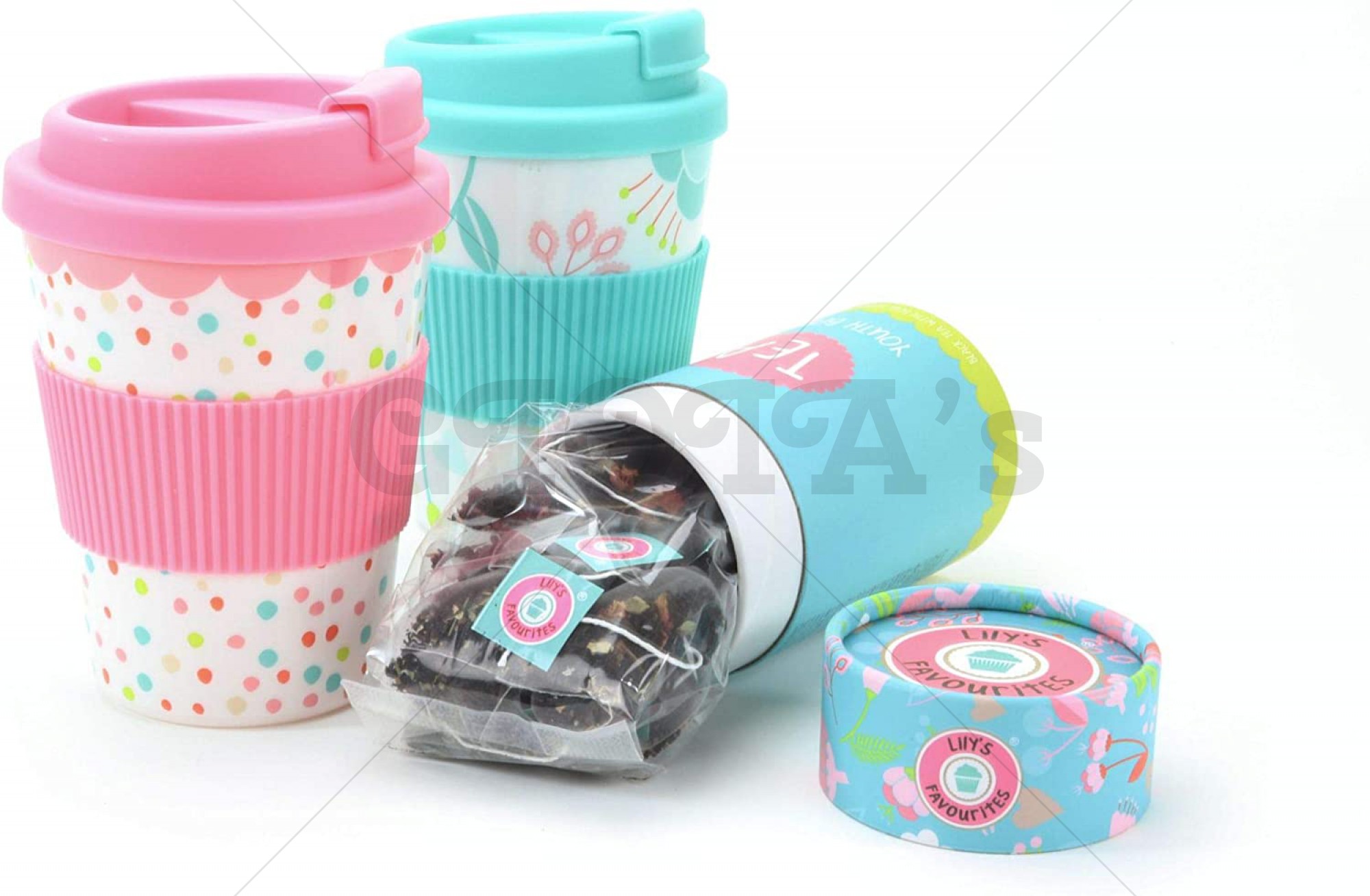 Thee - Tea to go - Reisbeker met 10 theezakjes - 3 verschillende smaken met een blauwe of roze beker