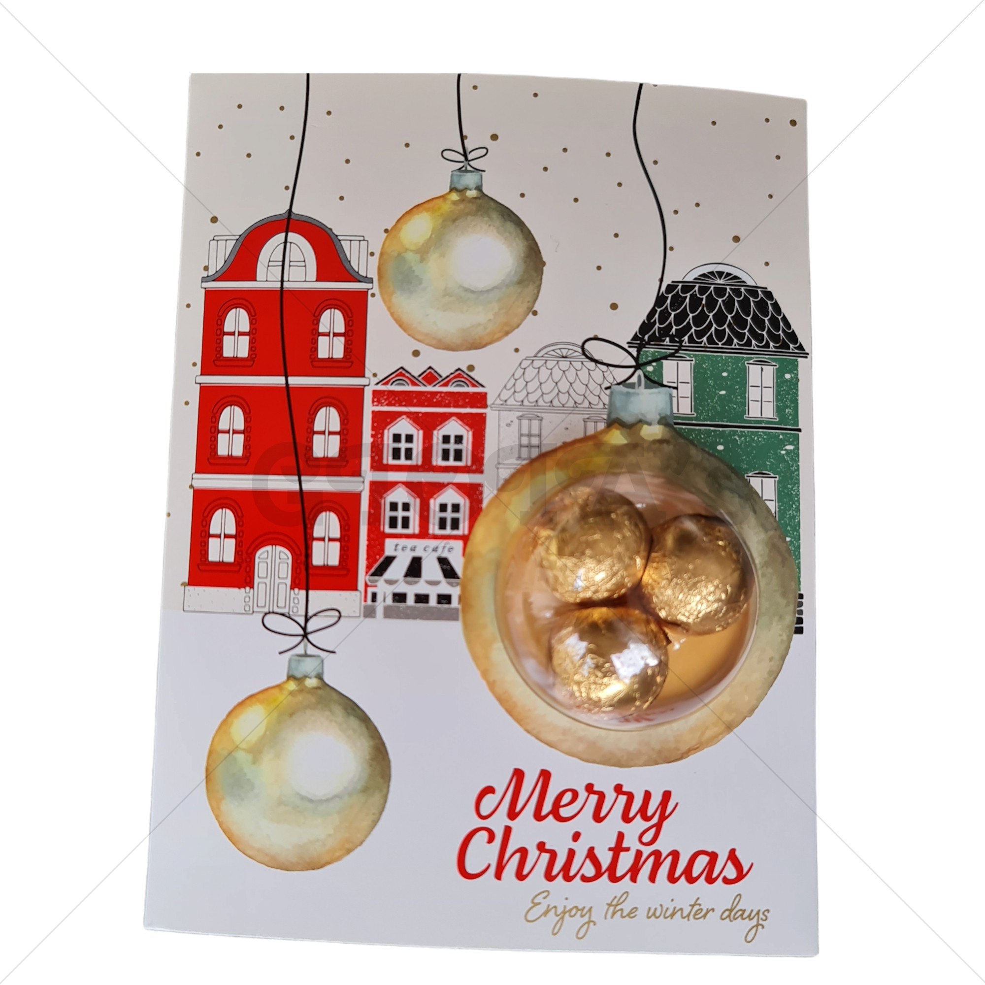 Kerstkaart met chocolade kerstballen wit