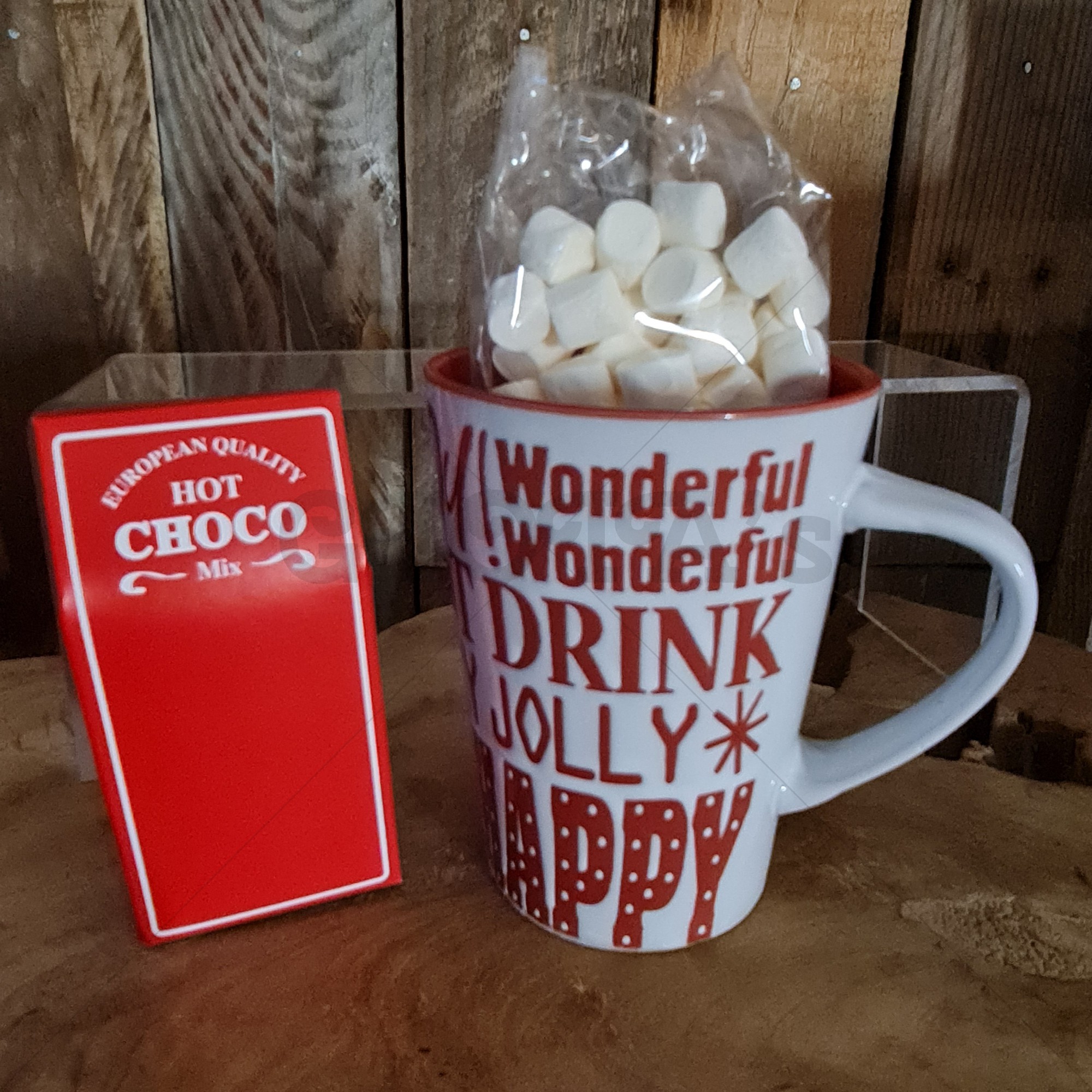 Kerstmok wintermok met tekst en oplospoeder voor Chocolademelk met marshmallows.