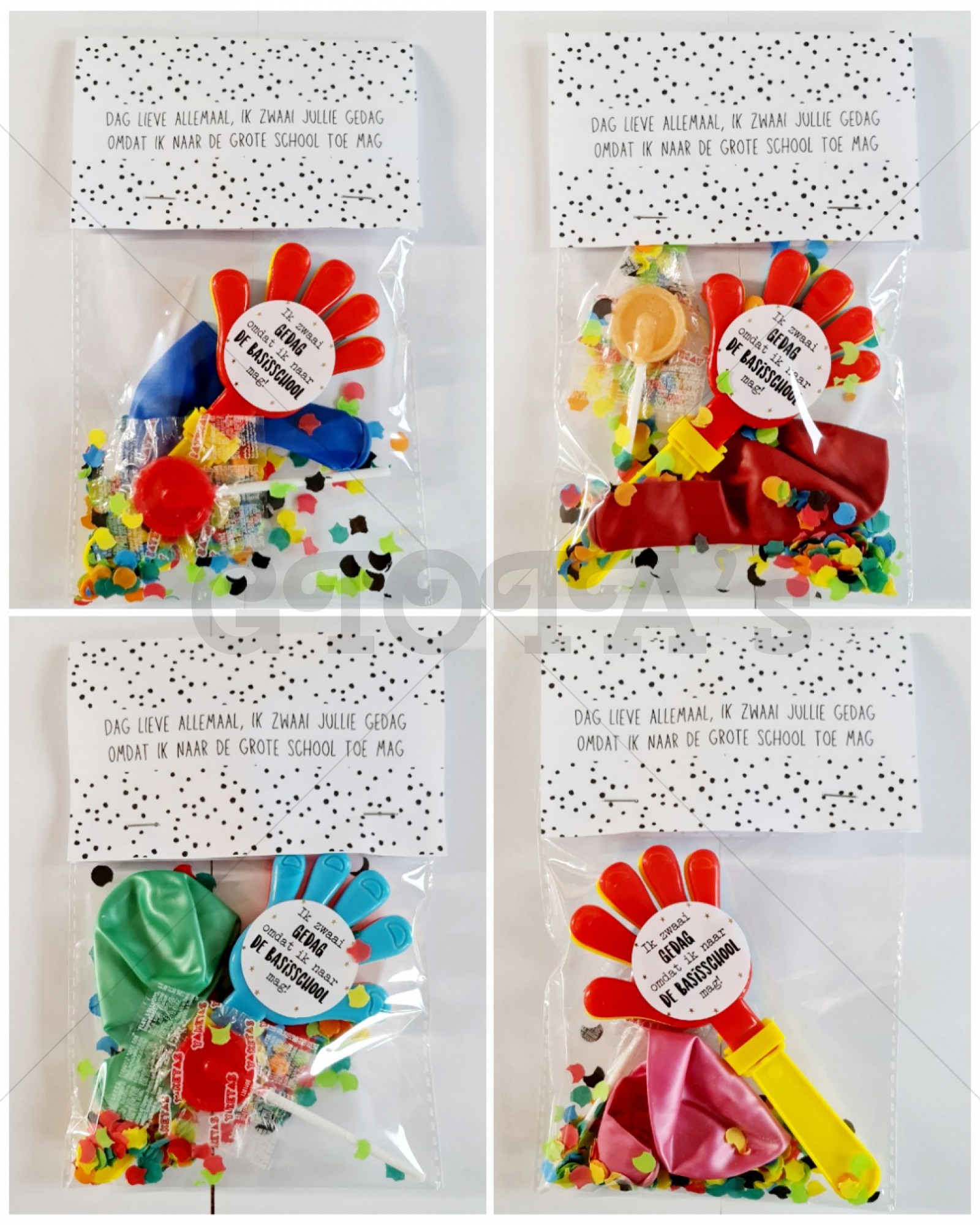 Traktatie handje met tekst Ik zwaai gedag omdat ik naar de basisschool mag.