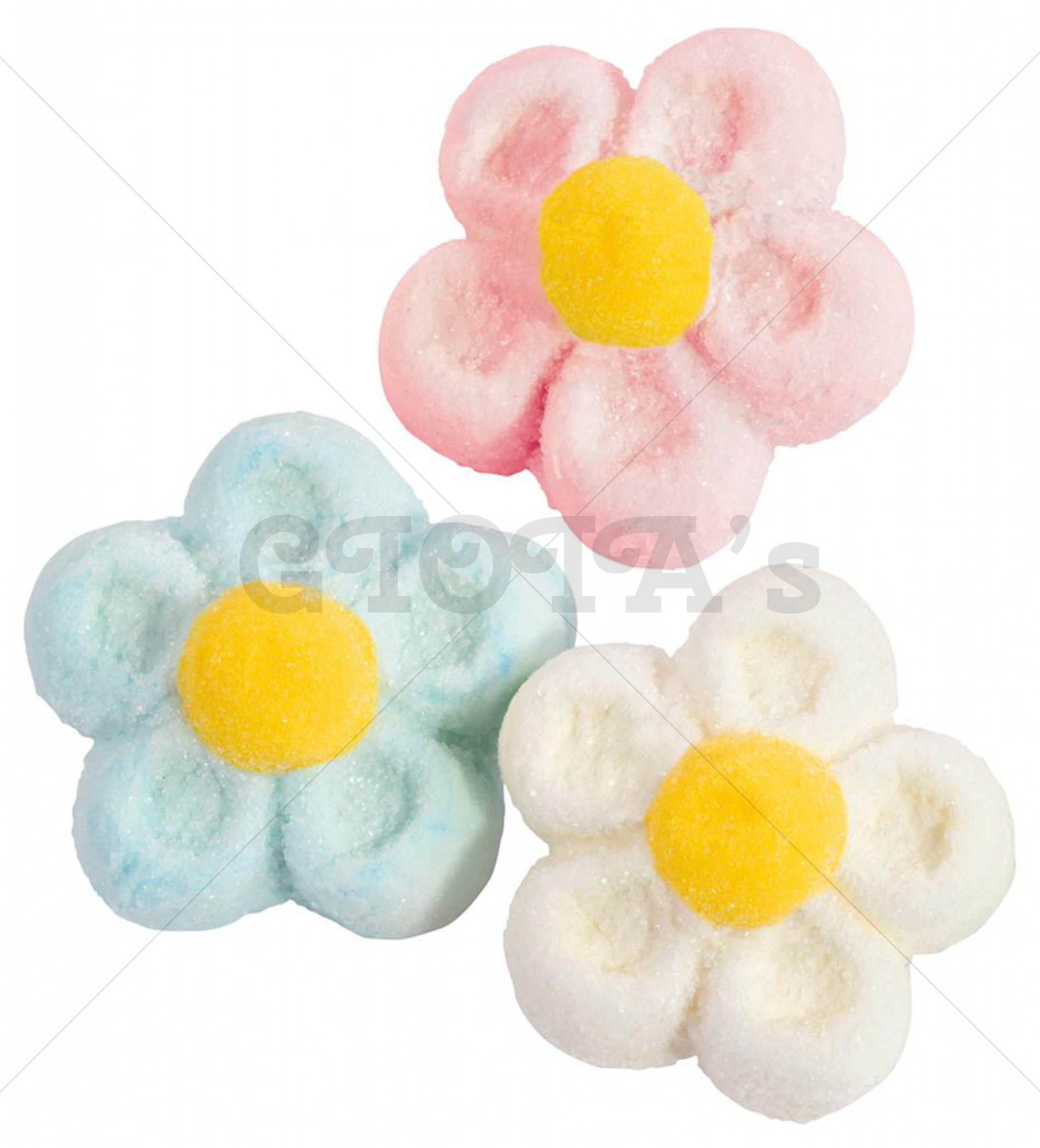Marshmallow Bloemen in drie verschillende kleuren roze, blauw en wit. Prijs is per 5 stuks
